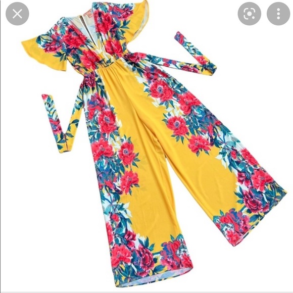 Flying Tomato Pants - Flying Tomato Yellow Floral Belted Wide Leg Elastic Waist Jumpsuit Size Medium